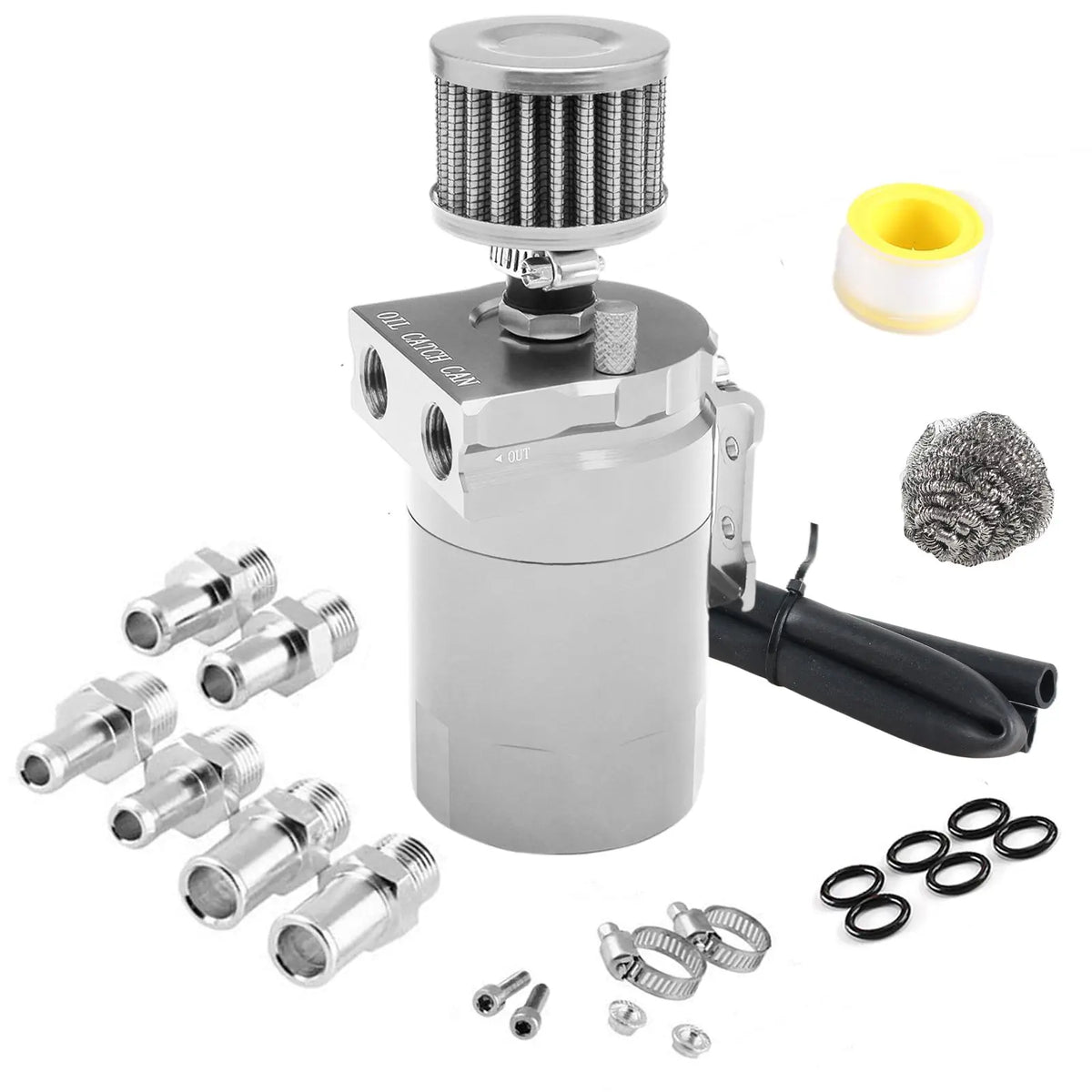 Car Baffled Oil Catch Can Reservoir Tank with Air Filter Breather Baffled Aluminum Fittings Oil Dipstick Hole Breathable Kettle Tuck's Performance