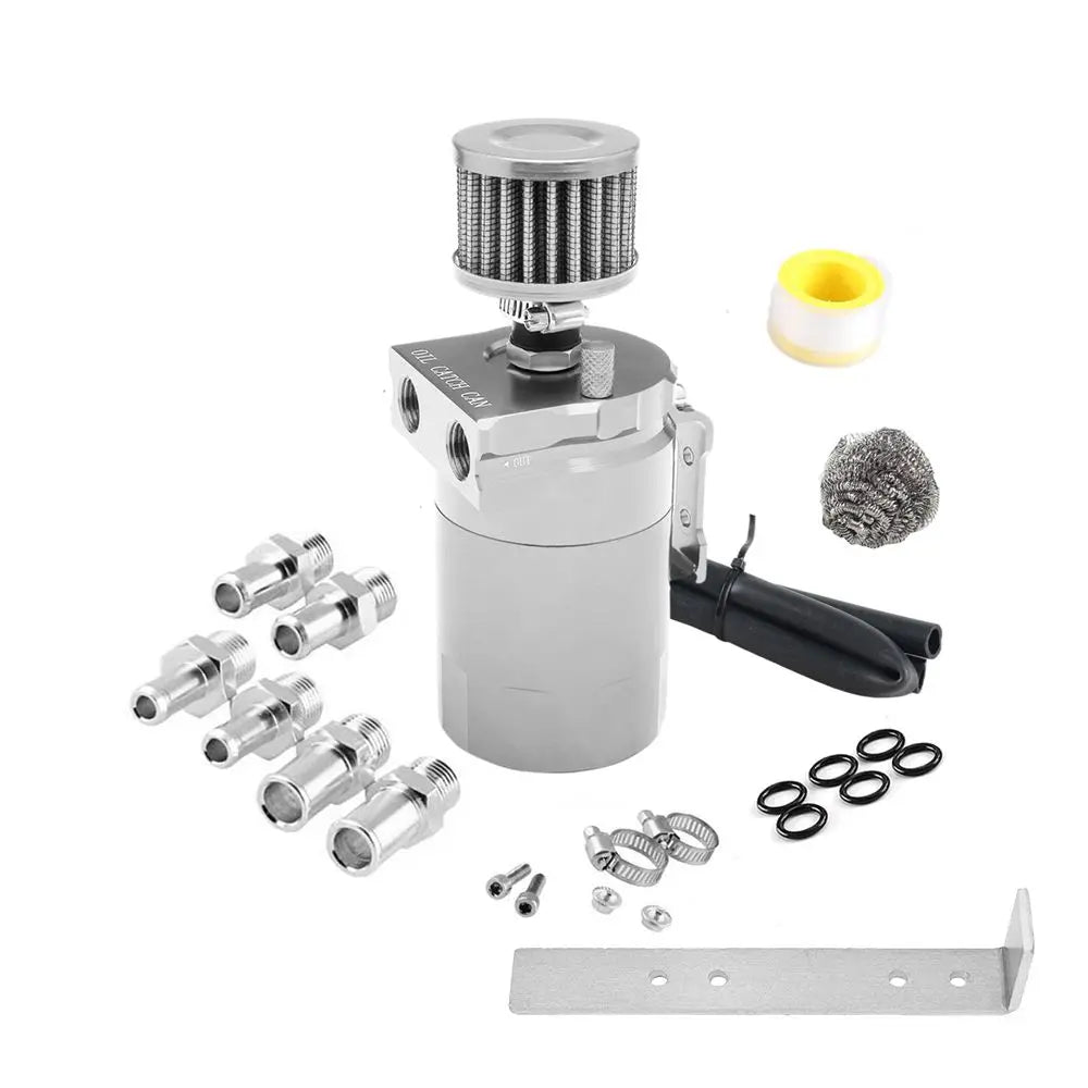 Car Baffled Oil Catch Can Reservoir Tank with Air Filter Breather Baffled Aluminum Fittings Oil Dipstick Hole Breathable Kettle Tuck's Performance