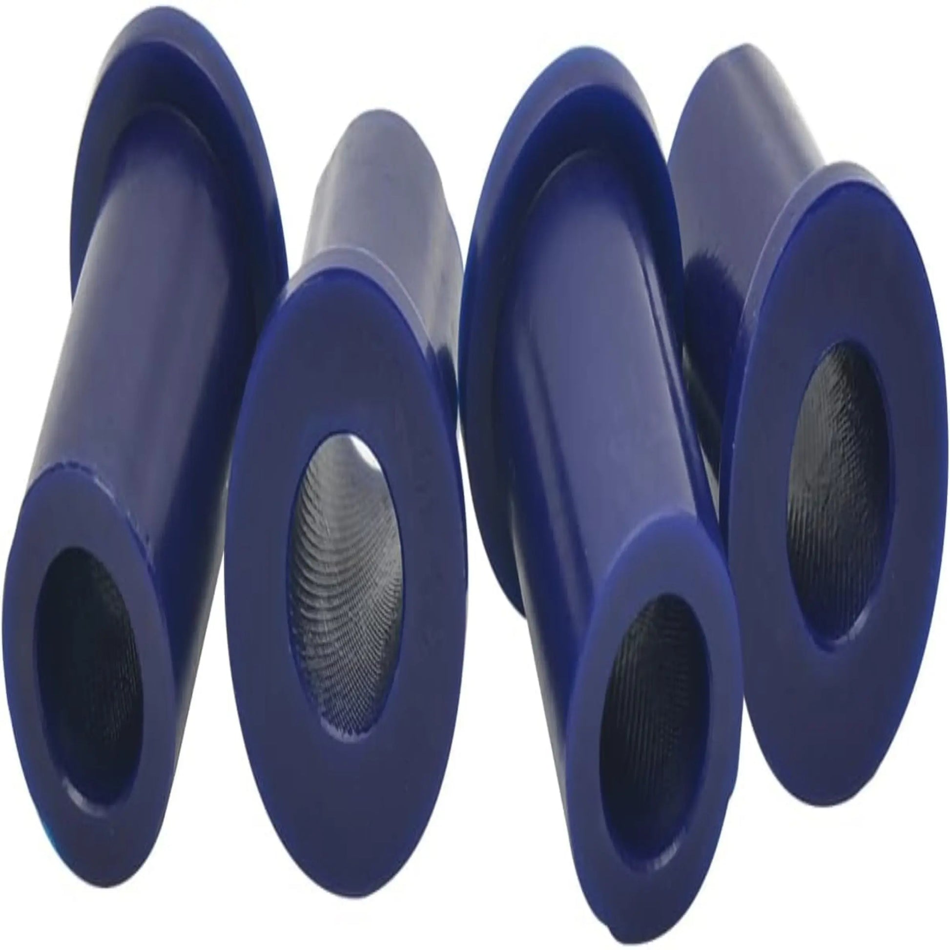 Set of 8 blue polyurethane suspension bushes, ideal for reducing vibration and improving ride quality in automotive suspension systems.