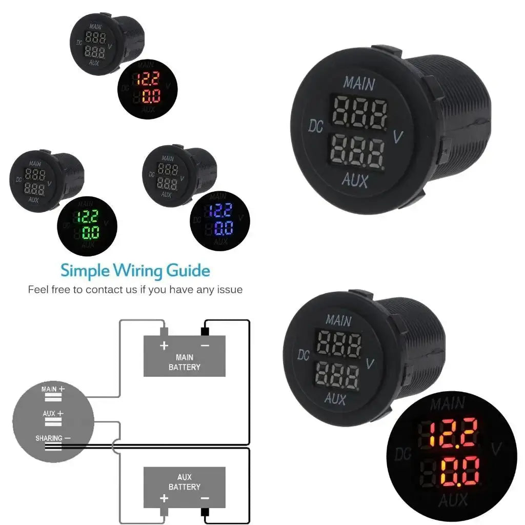 LED Digital Double Voltmeter, Round Panel Monitor Blue for Car Pickup RV Tuck's Performance