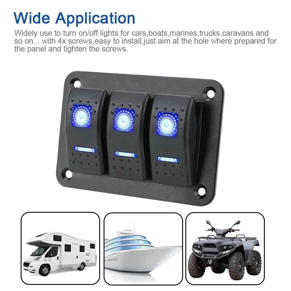 Overload Protection 3 Gang Rocker Switch Panel ON/OFF Lights DC 12V/24V Car Truck Marine Ship Circuit Breaker With Icon Sticker Tuck's Performance
