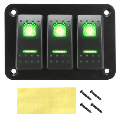 Overload Protection 3 Gang Rocker Switch Panel ON/OFF Lights DC 12V/24V Car Truck Marine Ship Circuit Breaker With Icon Sticker Tuck's Performance
