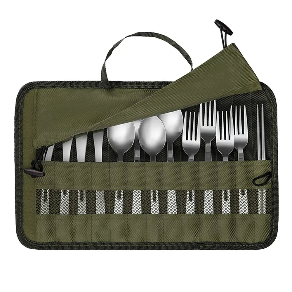 Canvas camping cutlery roll pouch - open with pockets and mesh