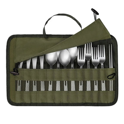Canvas camping cutlery roll pouch - open with pockets and mesh
