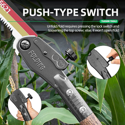 112CM Outdoor Folding Saw - Manganese Steel Pruning Saw for Wood Cutting Extended Hand Saw with Wood Handle Tuck's Performance