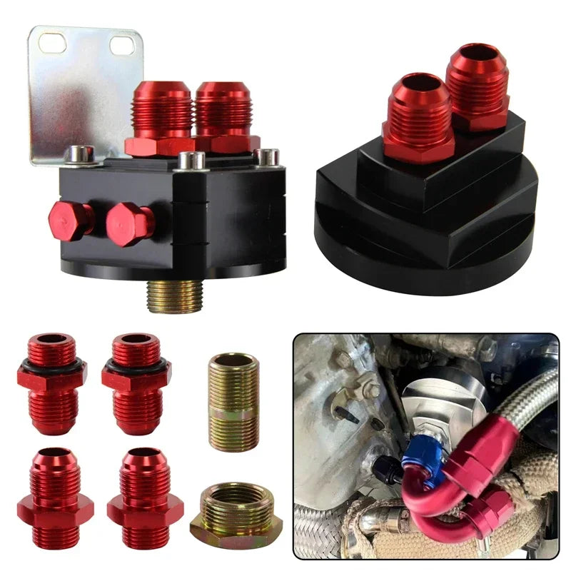 Universal AN10 & AN8 M20*1.5 & 3/4"-16 UNF Oil Filter Cooler Relocation Sandwich Plate Adapter Black/Red Tuck's Performance