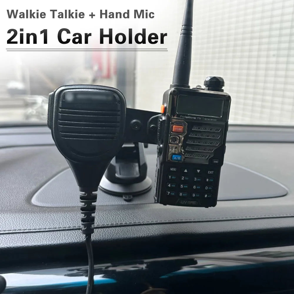 Handheld UHF radio and speaker mic held in the 2-in-1 dash mount