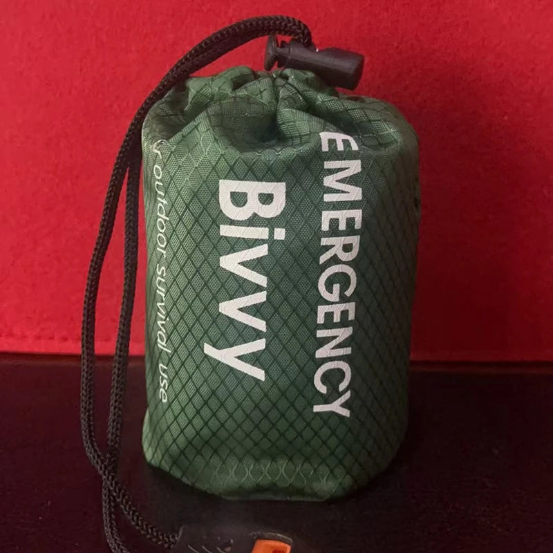 Emergency bivvy thermal survival sleeping bag - green with stuff sack and whistle
