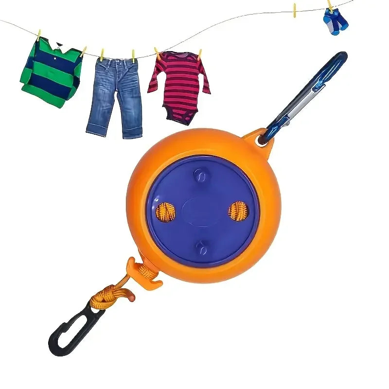 Orange retractable camping clothesline with washing hung on the line