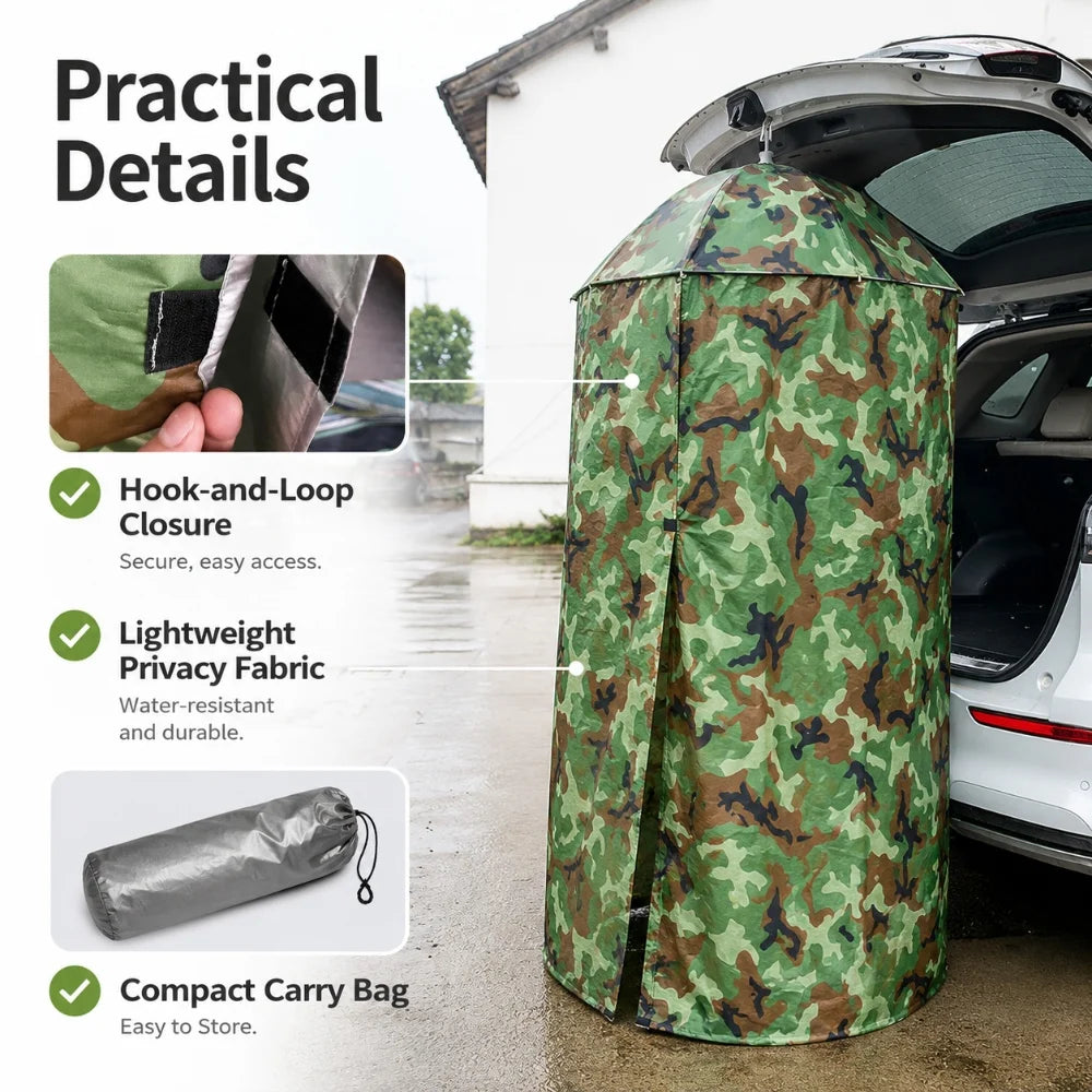 Camo privacy tent details - hook-and-loop closure, privacy fabric and carry bag