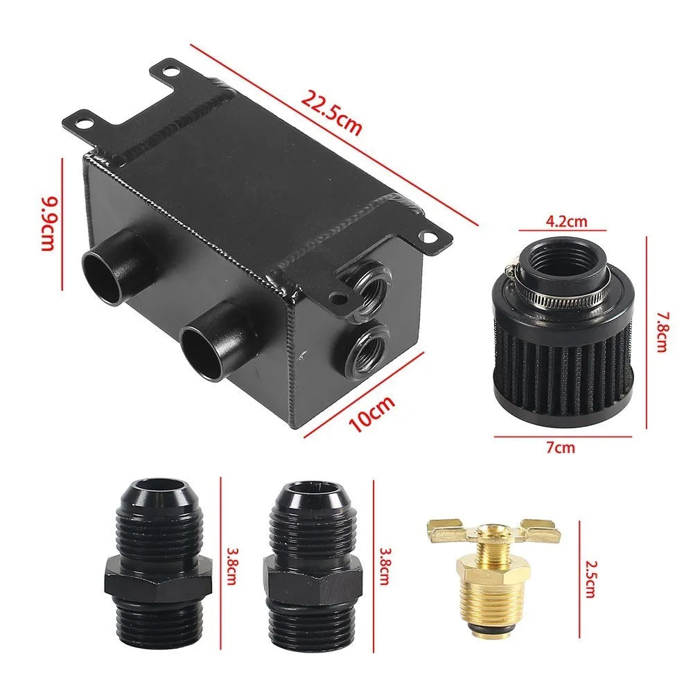 Universal AN10 1.2L Twin Baffle Dual Filter Engine Oil Catch Can Tank with Air Filters Oil Catch Reservoir Tank Can Breather Kit Tuck's Performance