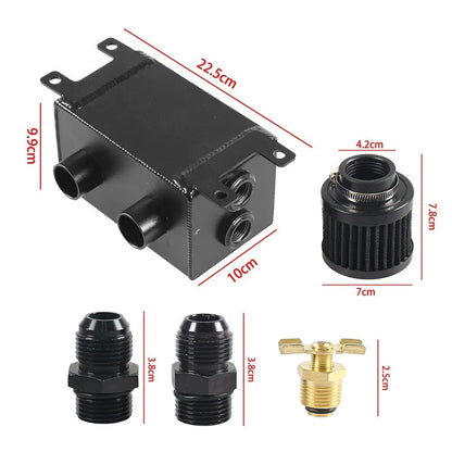 Universal AN10 1.2L Twin Baffle Dual Filter Engine Oil Catch Can Tank with Air Filters Oil Catch Reservoir Tank Can Breather Kit Tuck's Performance