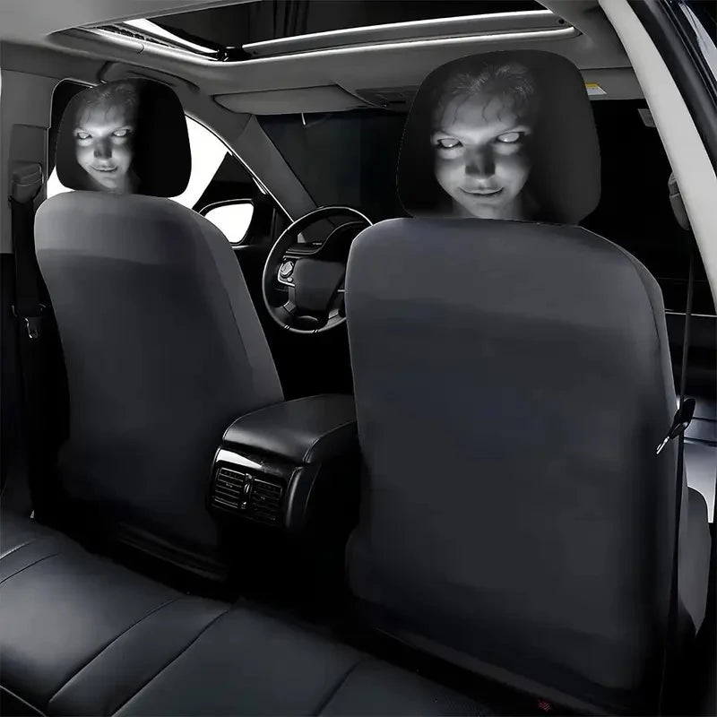 Halloween headrest covers seen from the back seat