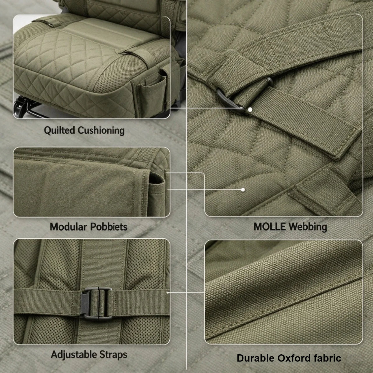 Tactical seat cover quilted cushion, MOLLE webbing and adjustable straps