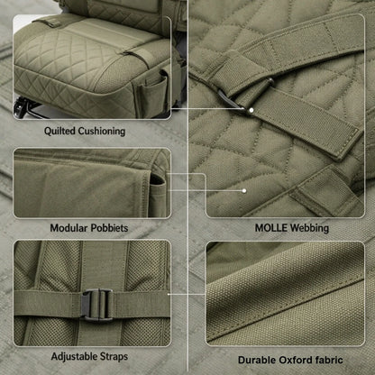Tactical seat cover quilted cushion, MOLLE webbing and adjustable straps