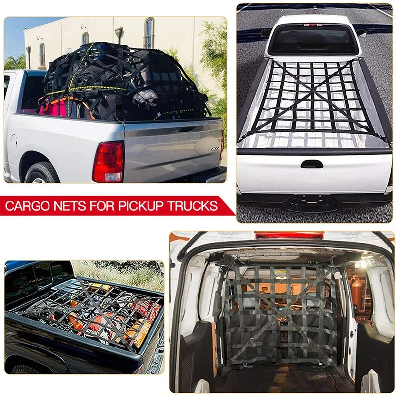 Cargo net holding gear in a pickup tub, trailer and van