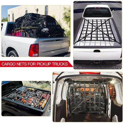 Cargo net holding gear in a pickup tub, trailer and van