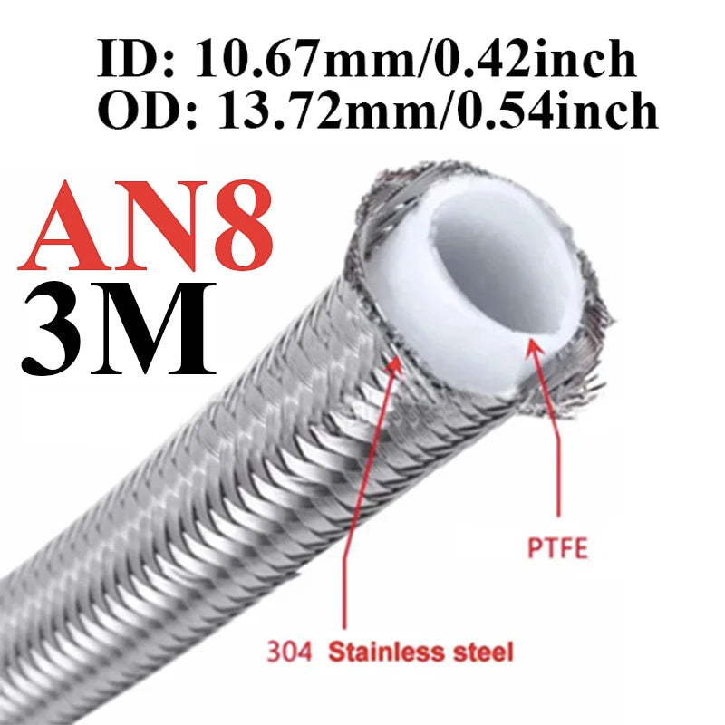 1M/3M/4M/6M AN3 AN4 AN6 AN8 AN10 Racing Hose 304 Stainless Steel Braided PTFE Brake Hose E85 Fuel Oil Line Oil Cooler Hose Pipe Tuck's Performance