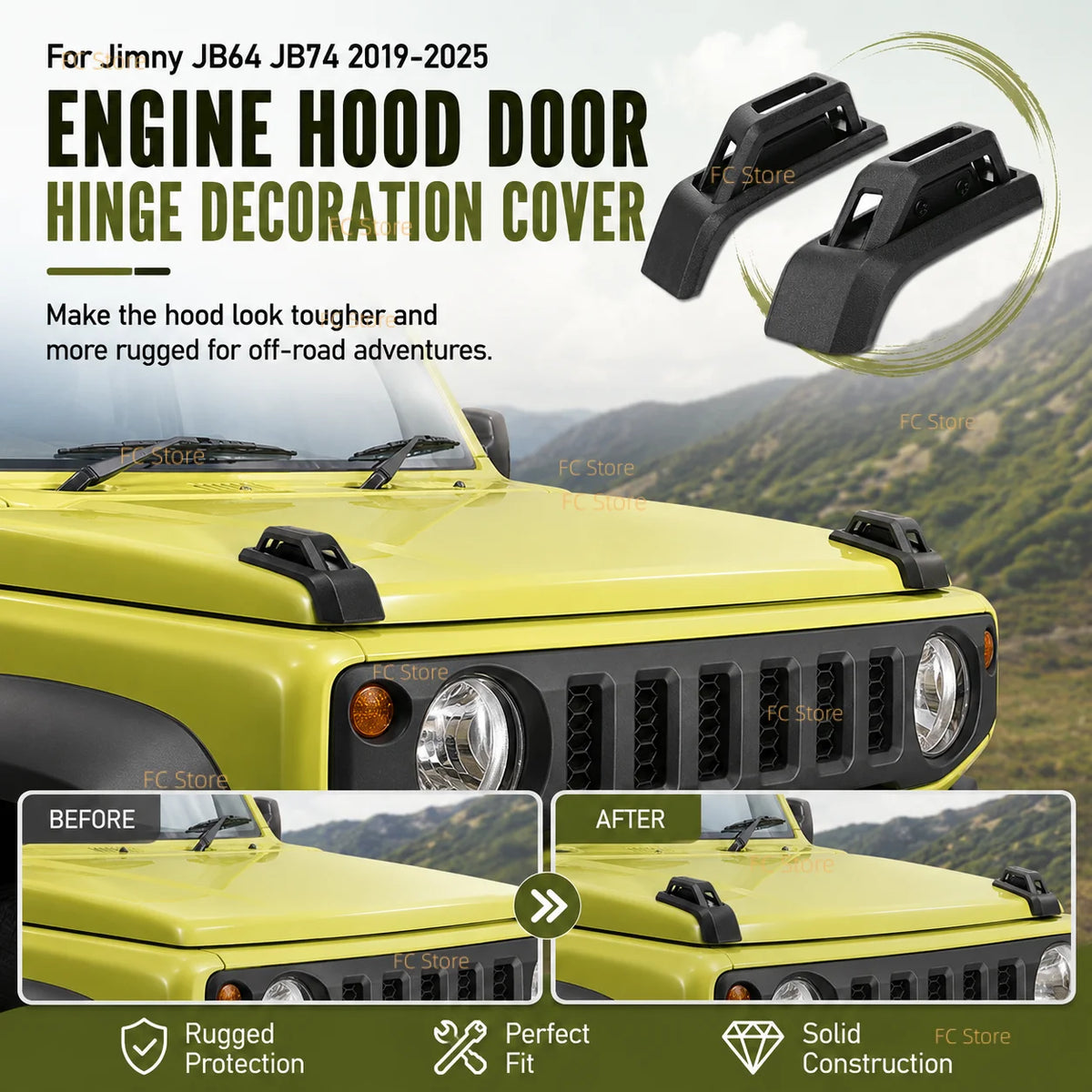For Jimny JB64 JB74 2018-2024 JB64 JB74 Car Engine Hood Door Hinge Decoration Cover Stickers Car Styling Exterior Accessory Tuck's Performance