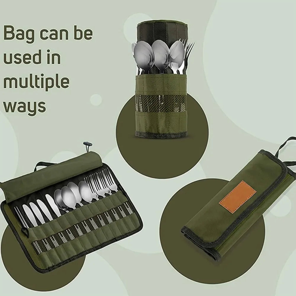 Canvas camping cutlery roll pouch - hung up and rolled
