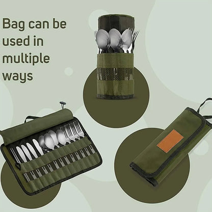 Canvas camping cutlery roll pouch - hung up and rolled