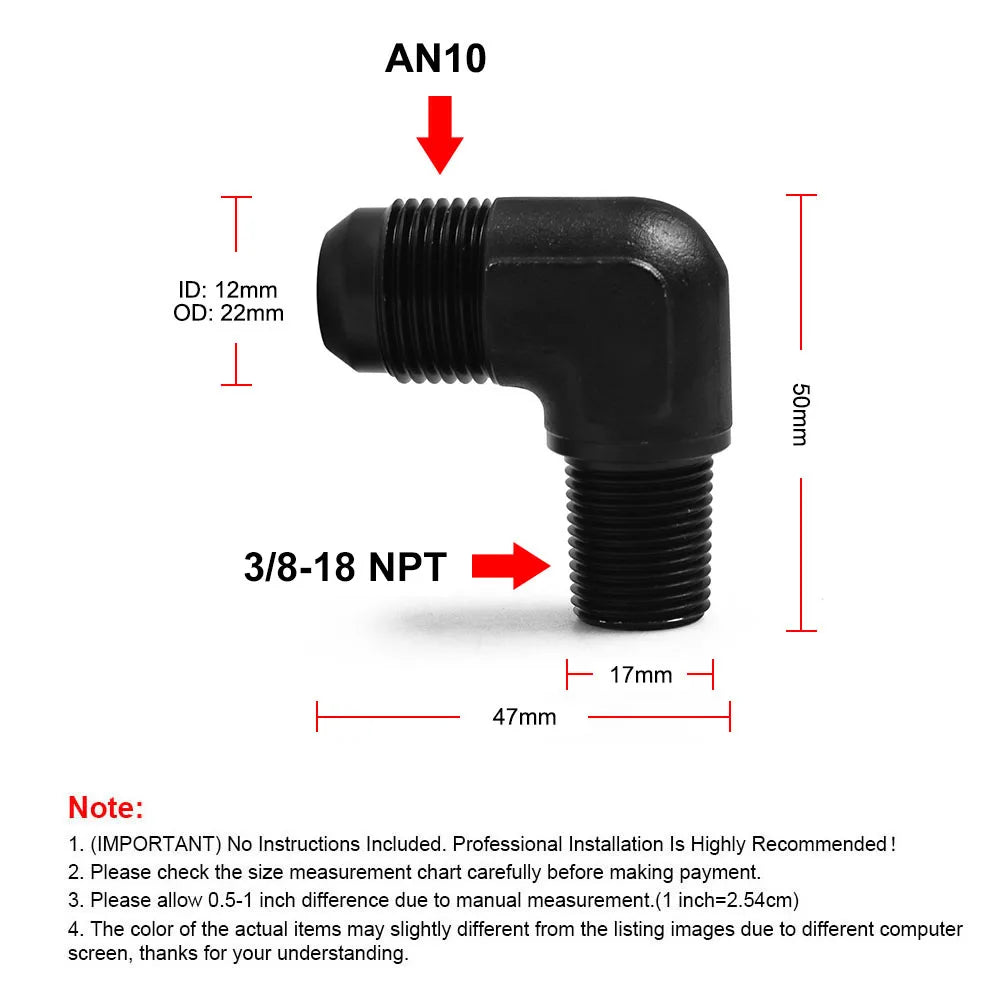 AN Male to Male Reducer Union AN4 to AN10, Step Up Flare Coupler, plus AN10 90 Degree Tucks Performance