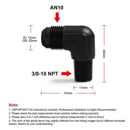 AN Male to Male Reducer Union AN4 to AN10, Step Up Flare Coupler, plus AN10 90 Degree Tucks Performance