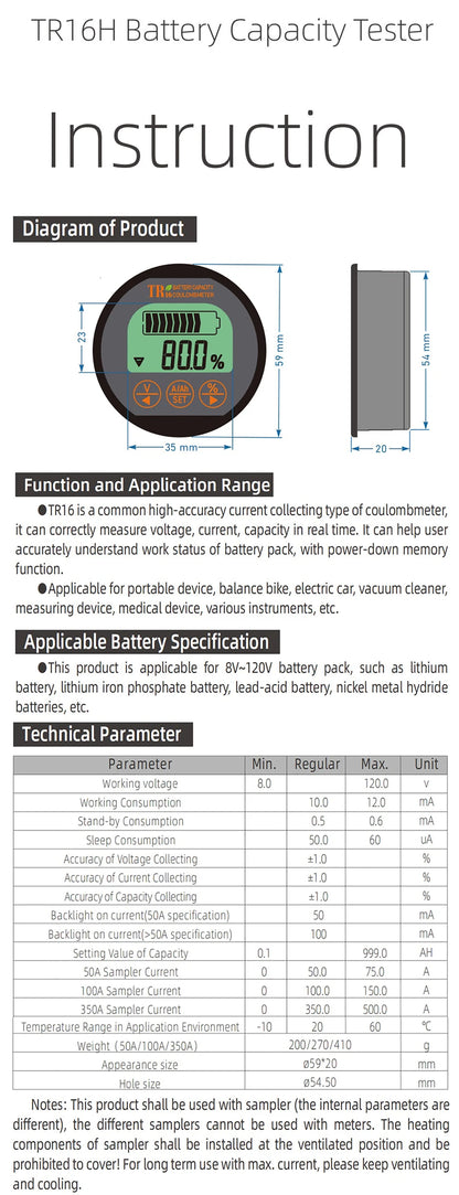TR16 DC 8-100V Battery Tester 50A 100A 350A Battery Capacity Tester Digital Waterproof Ammeter Voltmeter with Memory Function Tuck's Performance