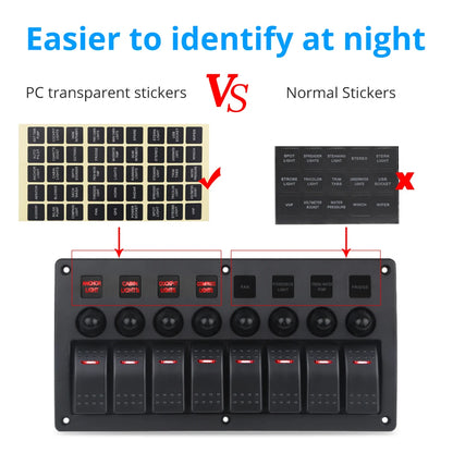 8 gang marine rocker switch panel with circuit breakers - night view