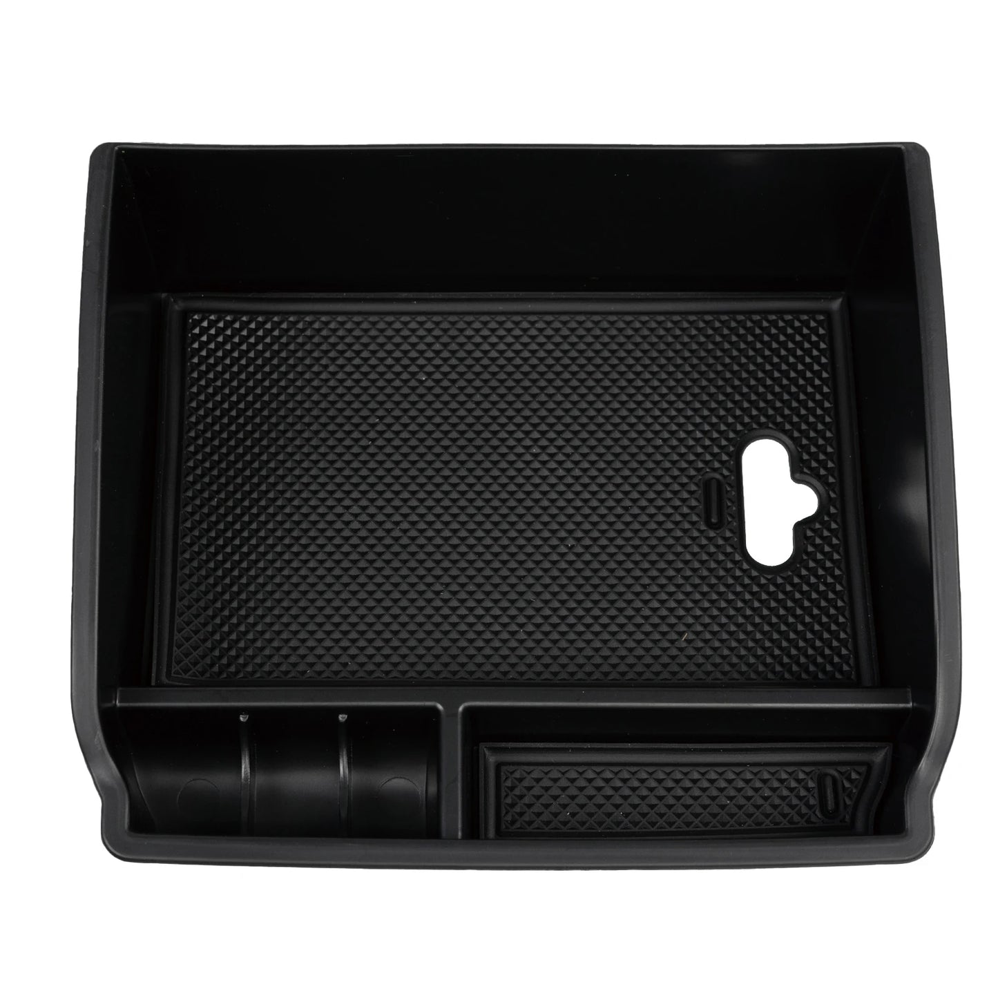 Console tray showing divided storage compartments