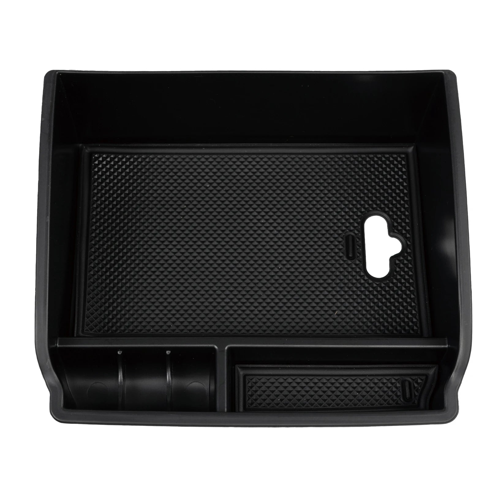 Console tray showing divided storage compartments