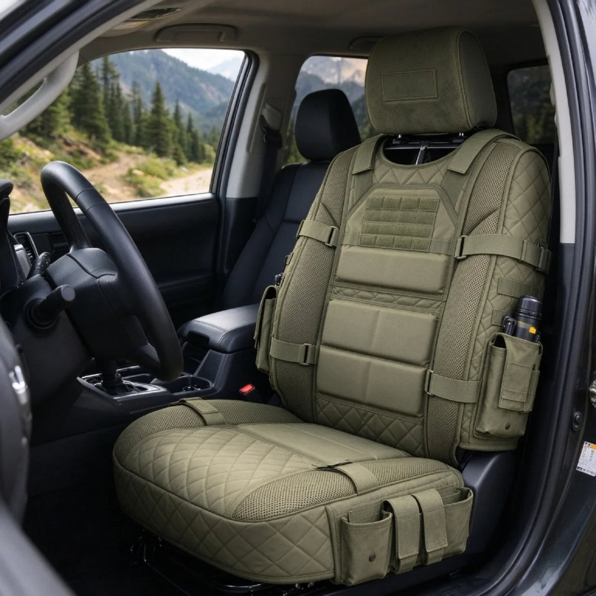 Tactical MOLLE seat cover fitted to a 4WD front seat