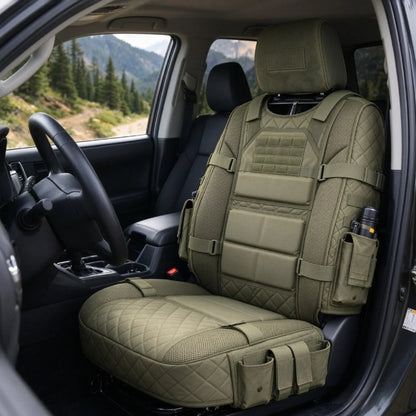 Tactical MOLLE seat cover fitted to a 4WD front seat