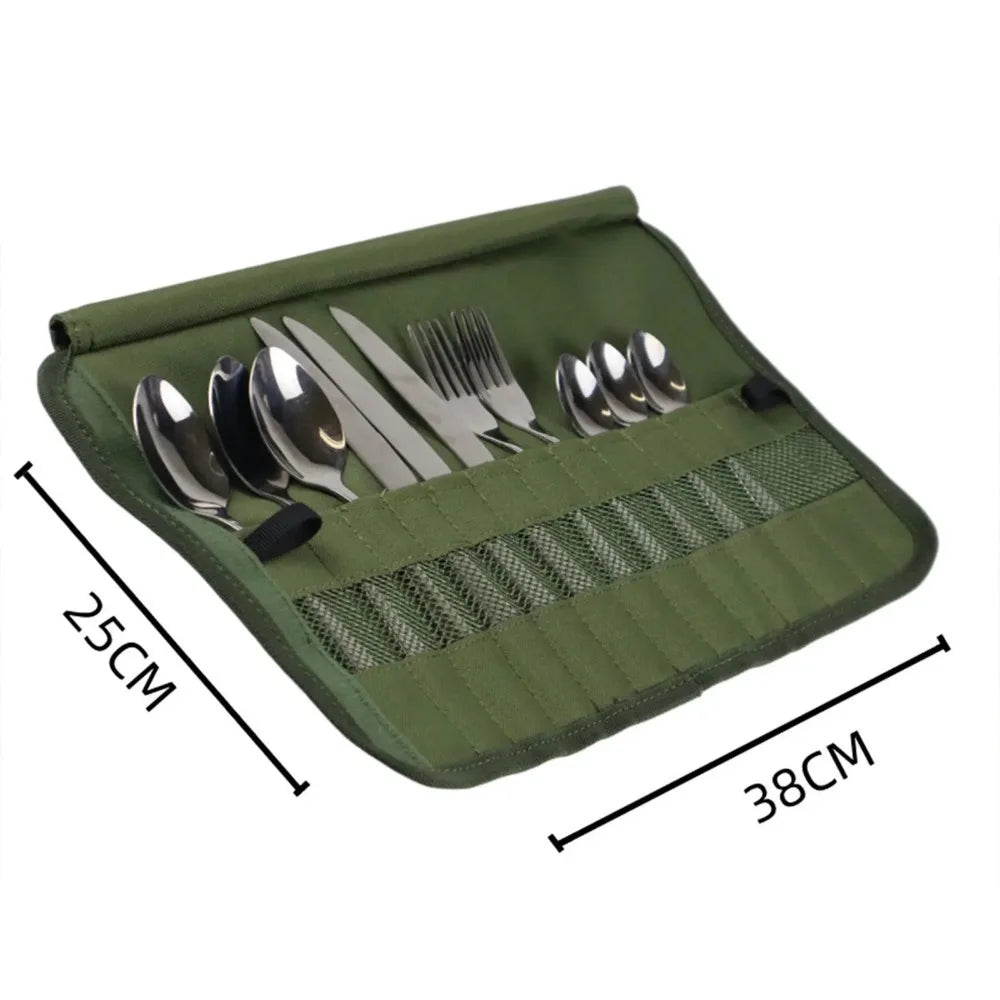 Canvas camping cutlery roll pouch - opened out, 38 x 25 cm