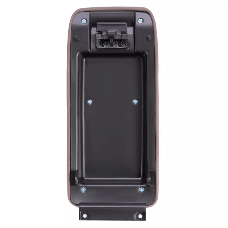 Underside of console armrest lid showing latch and mounting holes