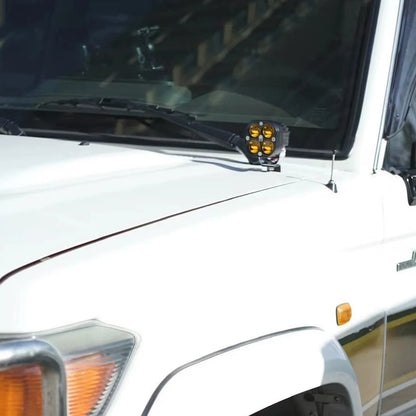 A-pillar light pod fitted on LandCruiser 70 Series bonnet