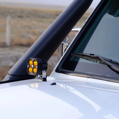Amber light pod on A-pillar bracket beside snorkel on LandCruiser 70 Series