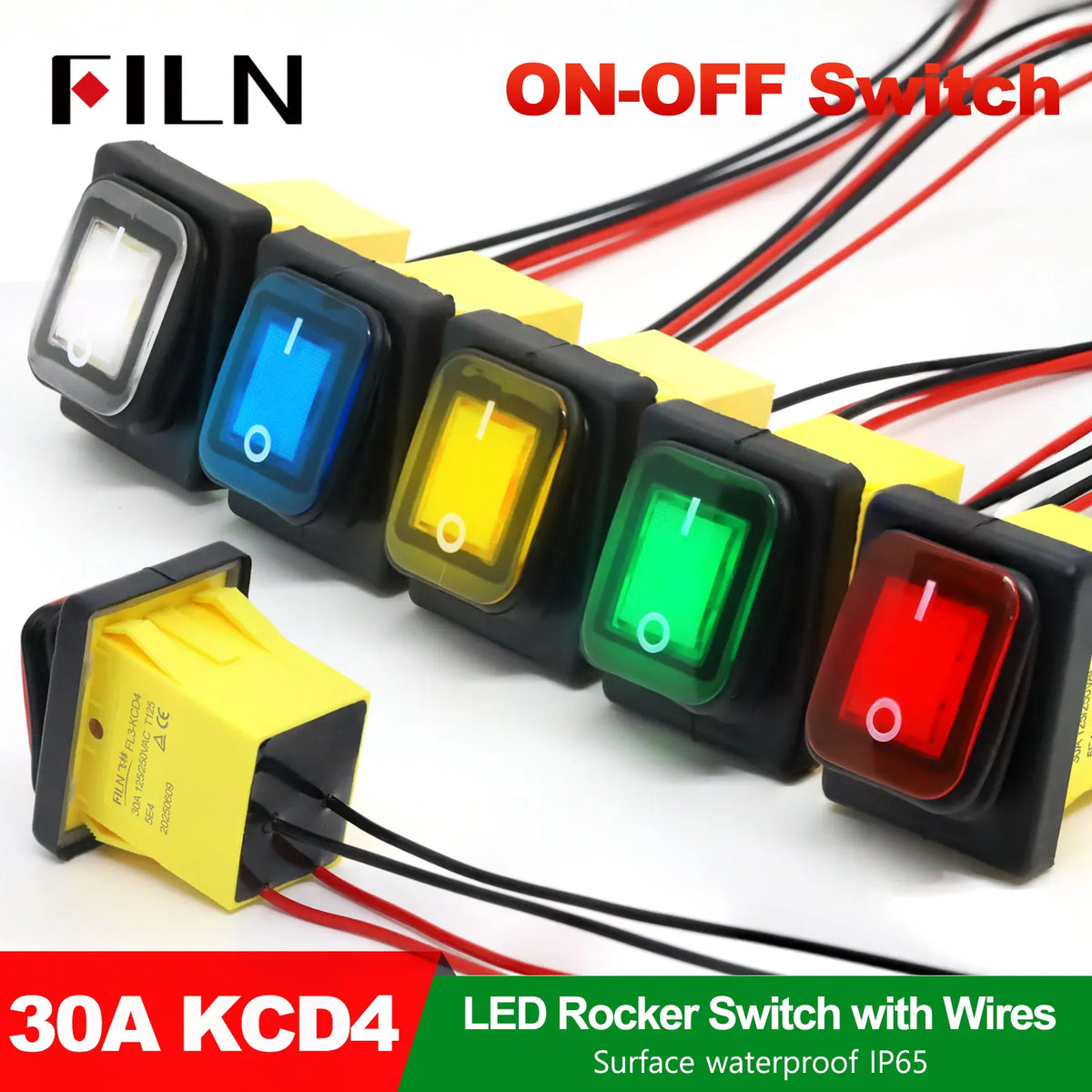 30A 12V 24V 220V LED Rocker Switch With Wires ON OFF Heavy Duty 4 Pin DPST IP67 Sealed Waterproof  Auto Boat Marine Toggle 30x22 Tuck's Performance