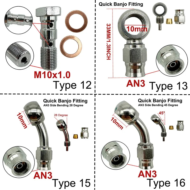 2X Stainless Steel 3AN Motorcycle Motor Bike Hydraulic Brake Oil Hose Line Banjo Fitting 10MM 0/28/45/90° Brake Hose End Adapter Tuck's Performance