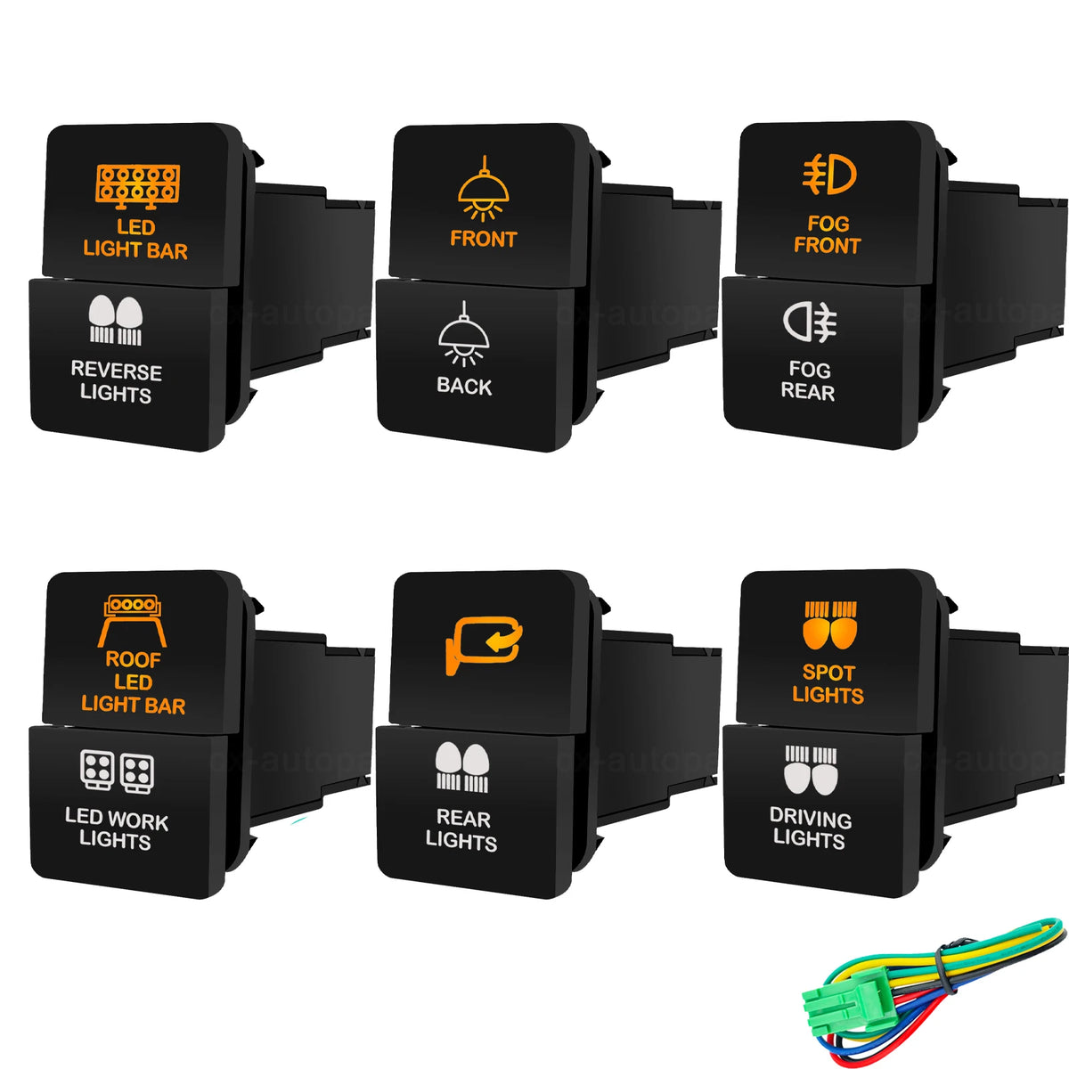 Dual LED push switches with amber symbols to suit Toyota 22 x 33 mm switch blanks