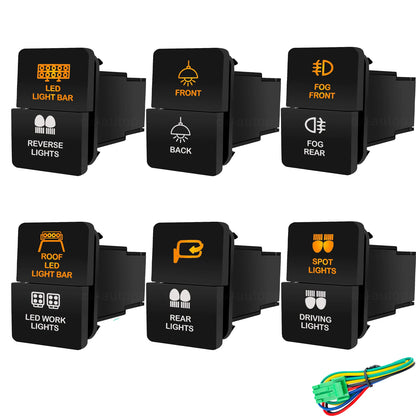 Dual LED push switches with amber symbols to suit Toyota 22 x 33 mm switch blanks