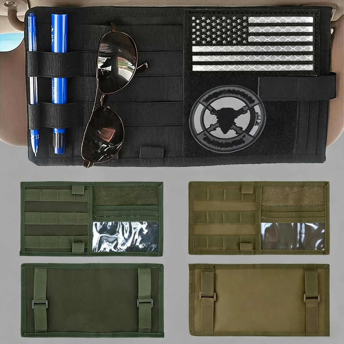 MOLLE visor organiser styles in black, tan and green