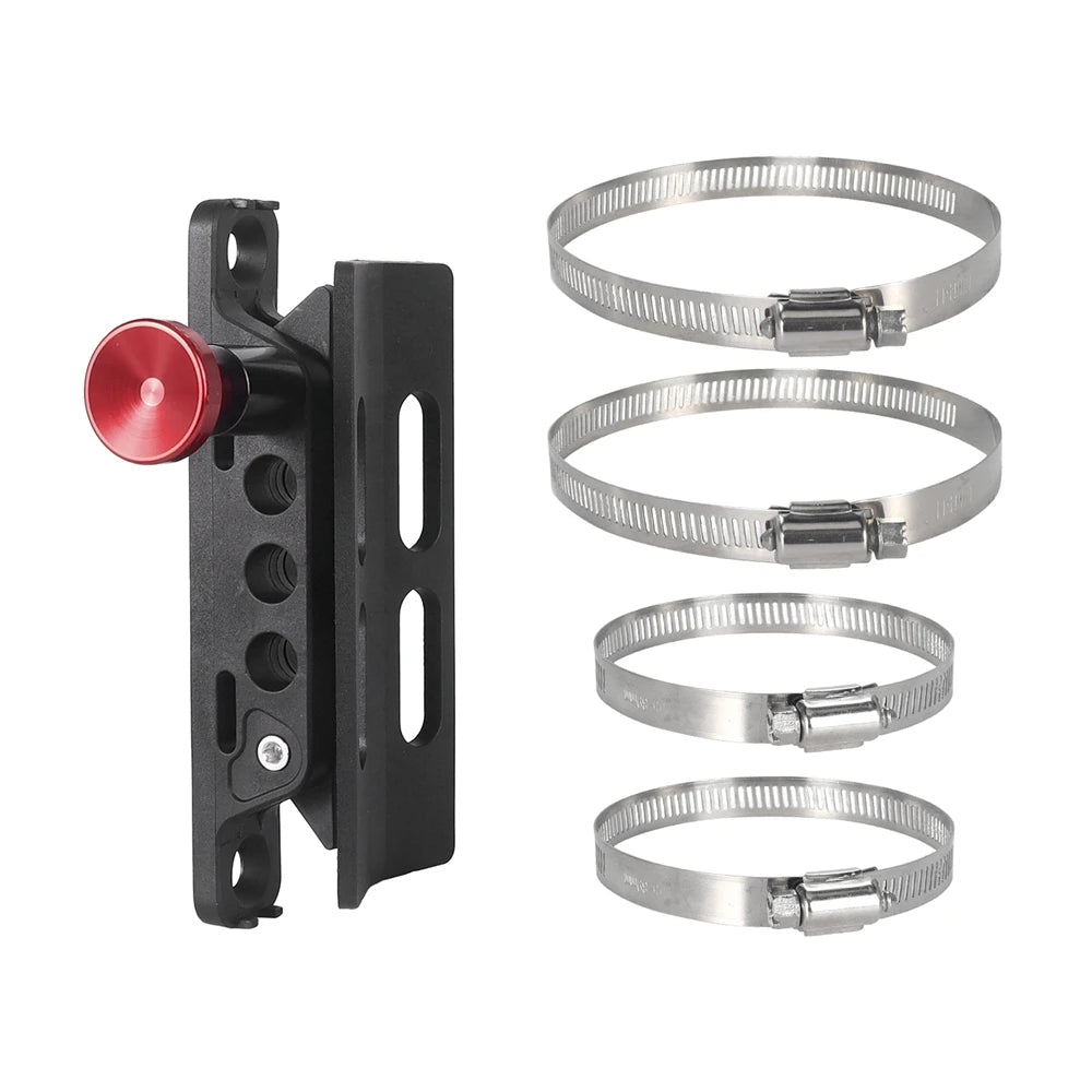 Fire extinguisher roll bar mount bracket with red knob and stainless hose clamps