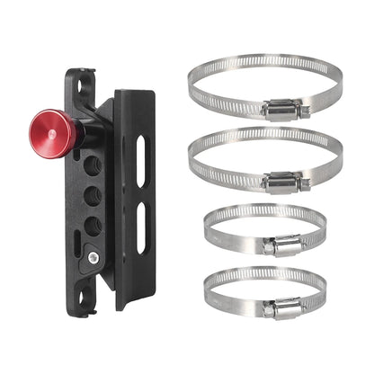 Fire extinguisher roll bar mount bracket with red knob and stainless hose clamps