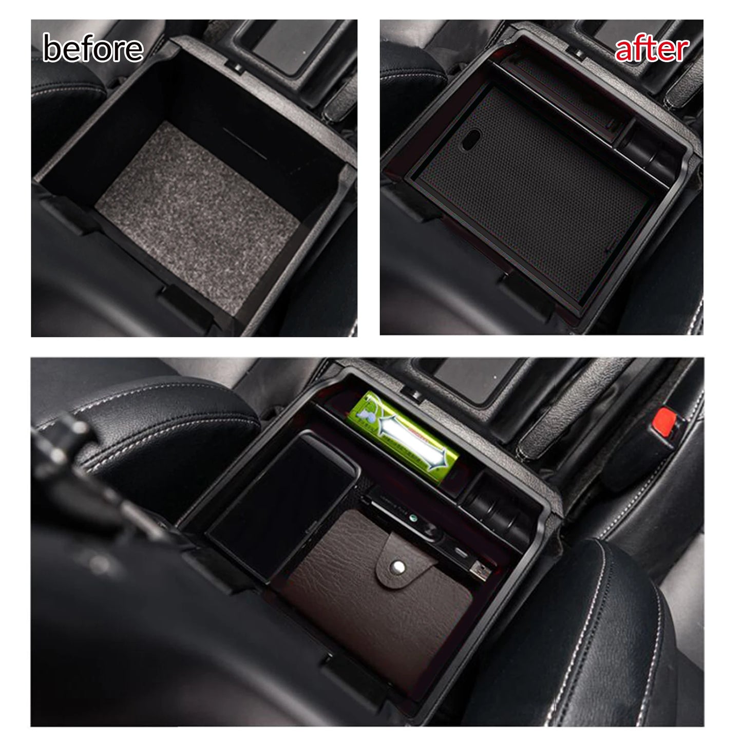 Black ABS armrest organiser tray, top view