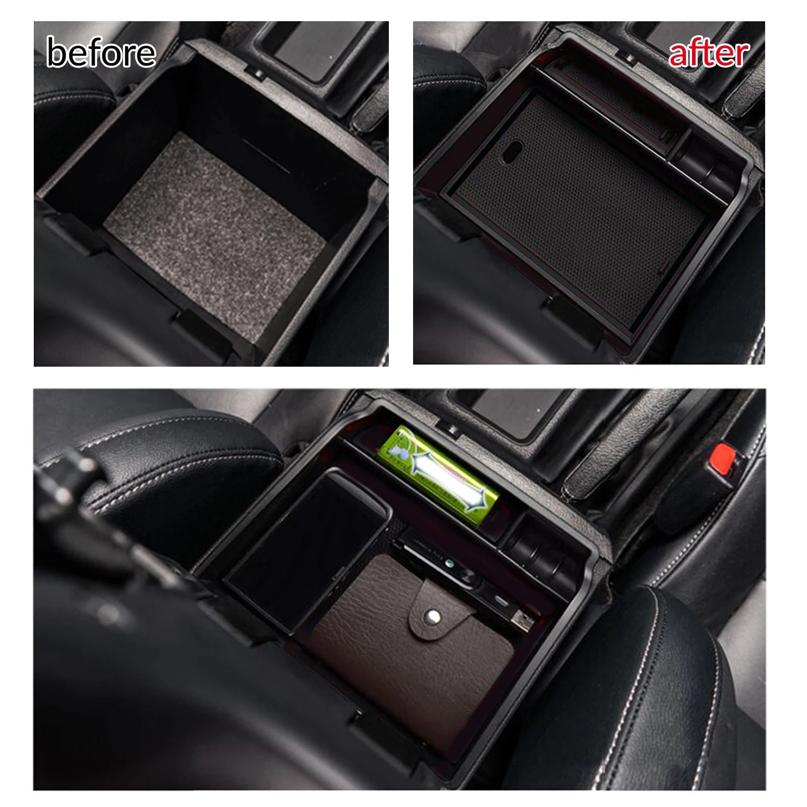 Black ABS armrest organiser tray, top view