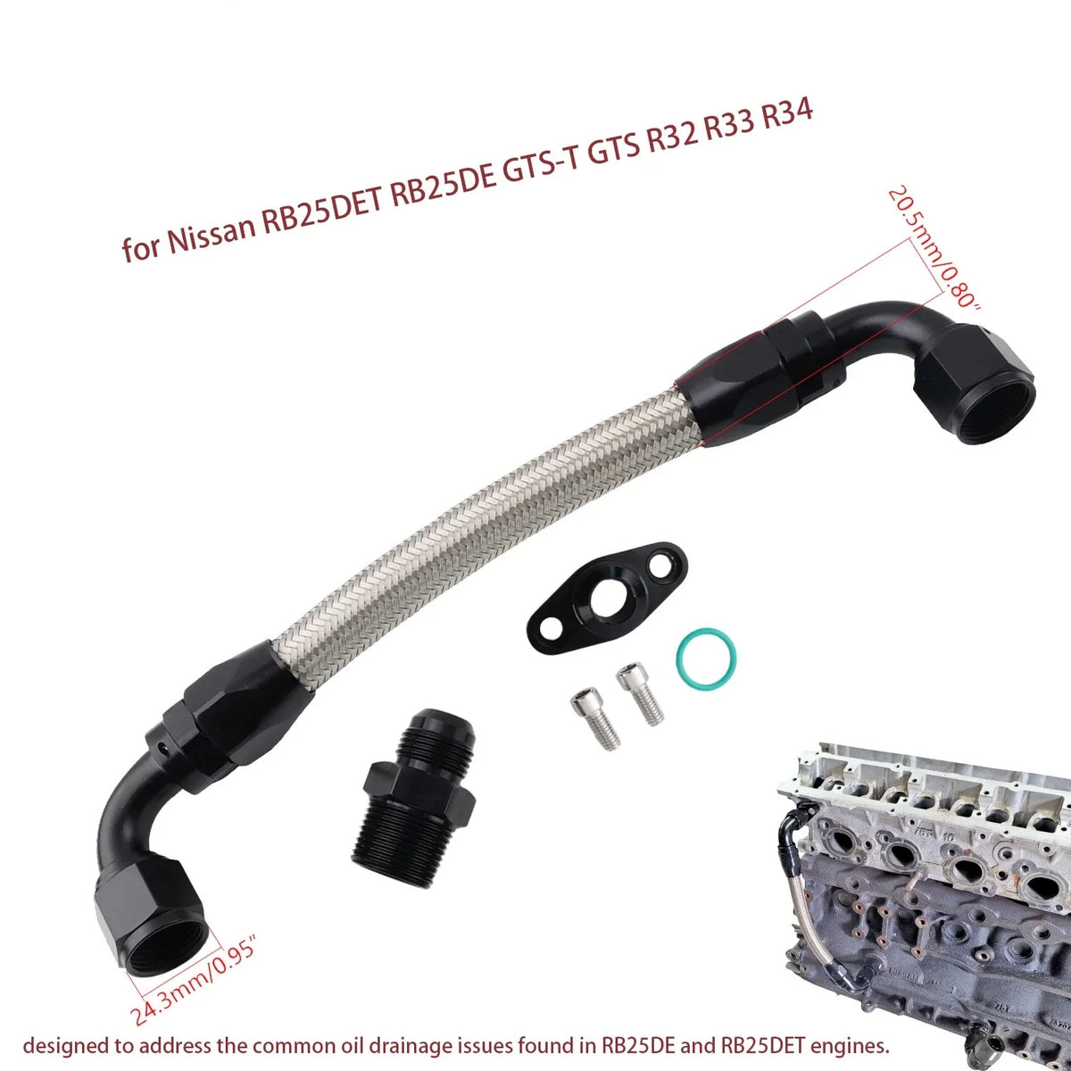 FULL FLOW VCT Cylinder Head Oil Drain Return Kit for Nissan RB25DET RB25DE R32 R33 R34 Block -10AN male fitting. Tuck's Performance