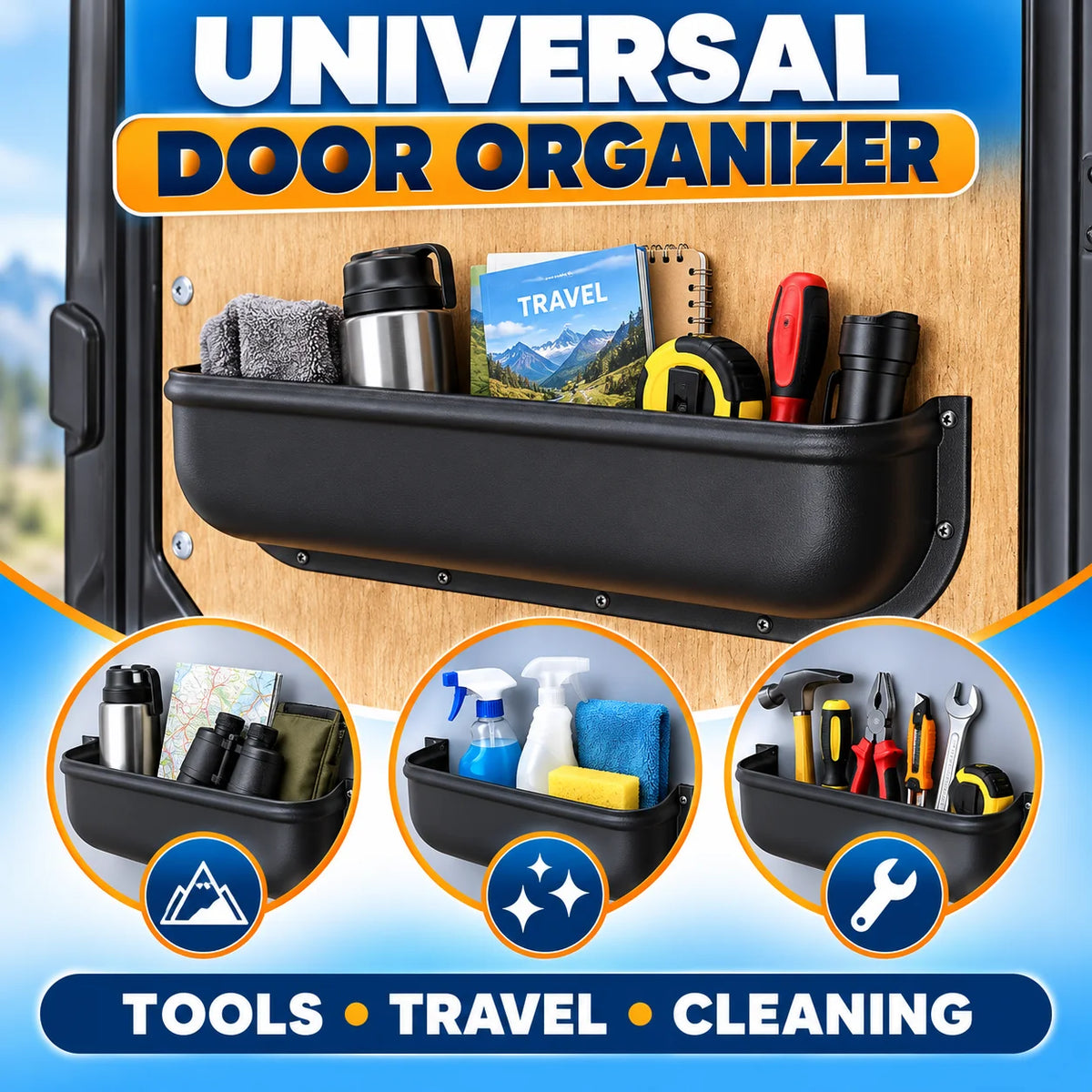 Door storage tray holding tools, travel and cleaning gear