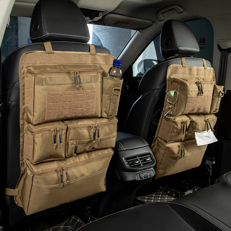 Coyote brown seat back organiser fitted in a vehicle