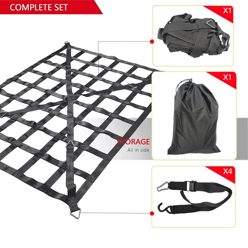 Complete cargo net set with four straps and storage bag